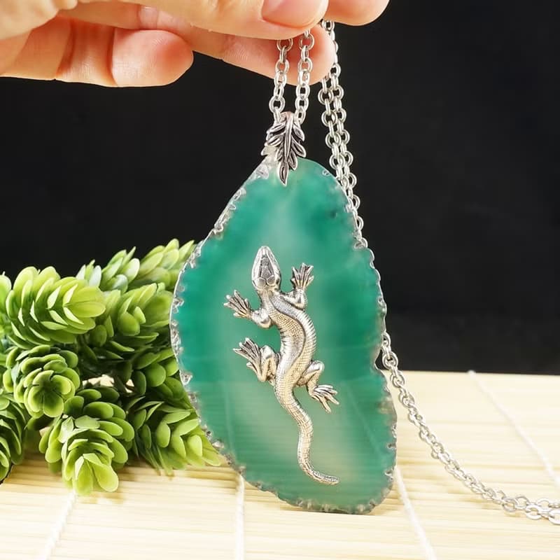Silver Lizard Necklace Green Agate Slice Slab Stone Pendant Necklace Jewelry
