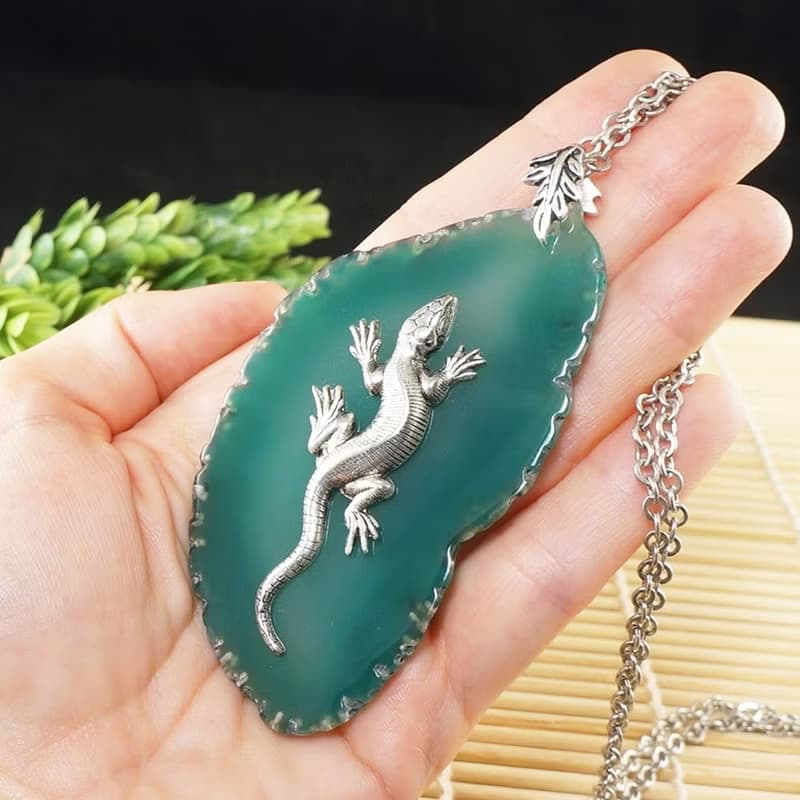 Silver Lizard Necklace Green Agate Slice Slab Stone Pendant Necklace Jewelry