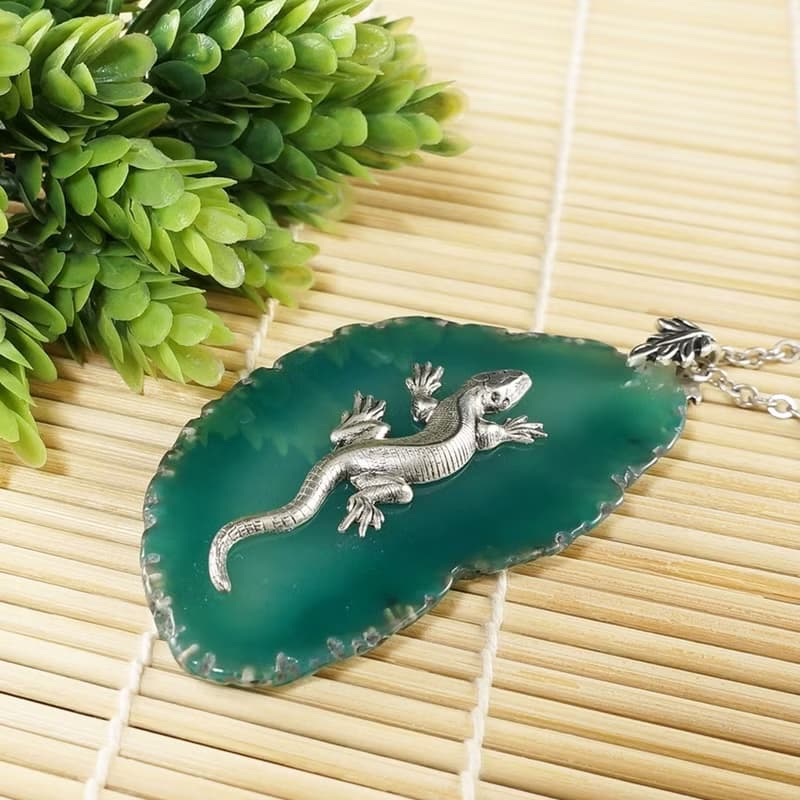Silver Lizard Necklace Green Agate Slice Slab Stone Pendant Necklace Jewelry