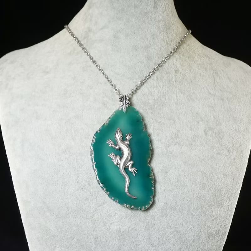 Silver Lizard Necklace Green Agate Slice Slab Stone Pendant Necklace Jewelry