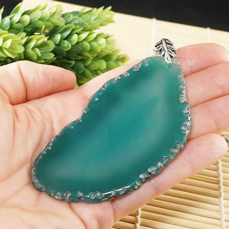 Silver Lizard Necklace Green Agate Slice Slab Stone Pendant Necklace Jewelry