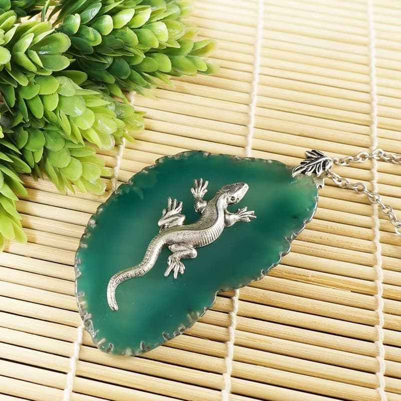 Silver Lizard Necklace Green Agate Slice Slab Stone Pendant Necklace Jewelry