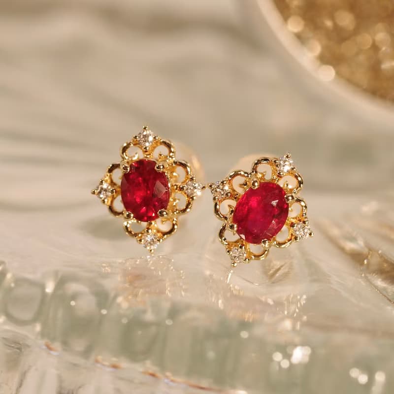 18K金鴿血紅寶石花宮耳環 18K Gold Pigeon Blood Ruby Floral Pa