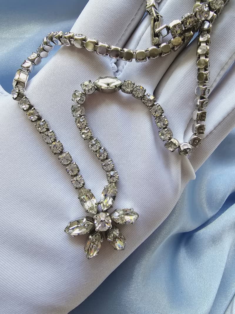 KRAMER華麗水晶花萊茵復古小貴婦項鍊/頸鍊/鎖骨鍊/西洋古董飾品