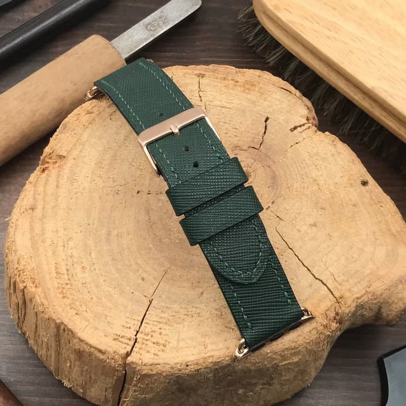 【AppleWatch錶帶】綠色十字紋牛皮/法國防汗皮/真皮皮革