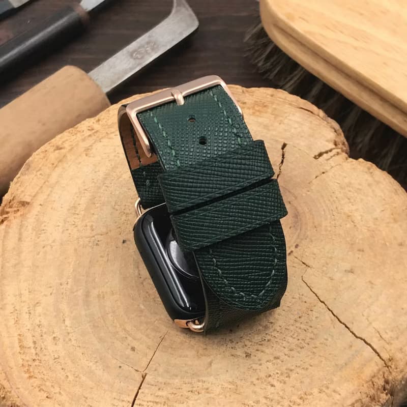 【AppleWatch錶帶】綠色十字紋牛皮/法國防汗皮/真皮皮革