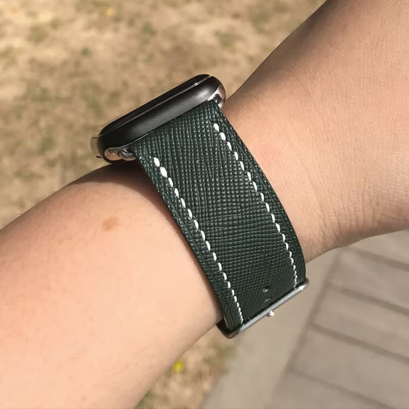 【AppleWatch錶帶】綠色十字紋牛皮/法國防汗皮/真皮皮革