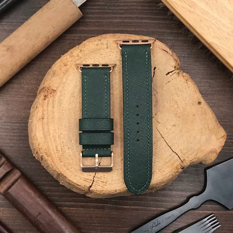 【AppleWatch錶帶】綠色十字紋牛皮/法國防汗皮/真皮皮革