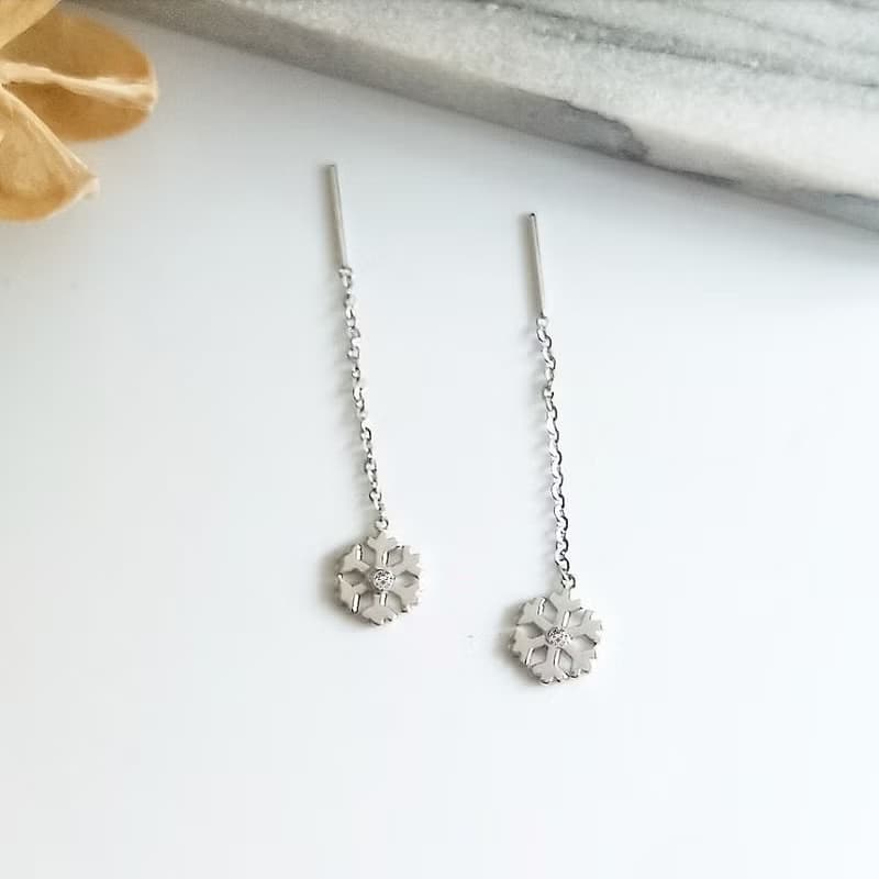Eli Jewelry義大利正14K金雪花垂墜14K白金耳環耳鍊附金飾保證卡