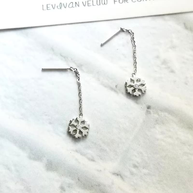 Eli Jewelry義大利正14K金雪花垂墜14K白金耳環耳鍊附金飾保證卡