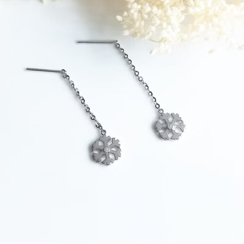Eli Jewelry義大利正14K金雪花垂墜14K白金耳環耳鍊附金飾保證卡