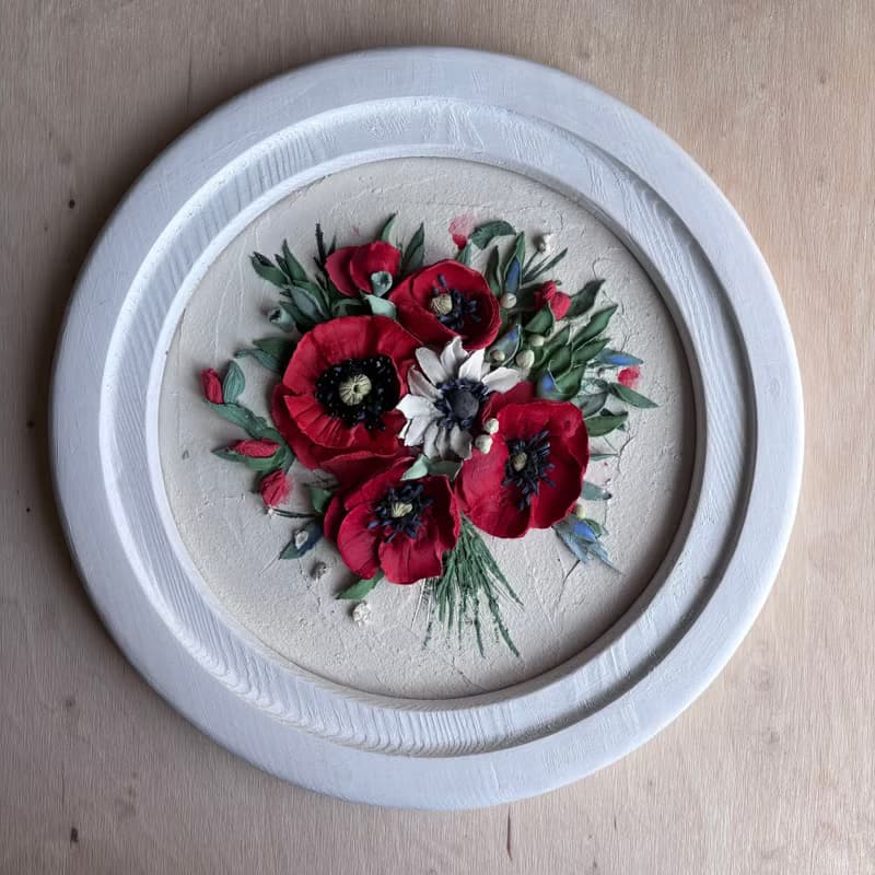 立體花藝 紅色罌粟花與白藍野花 手工雕塑畫 圓形木框藝術品