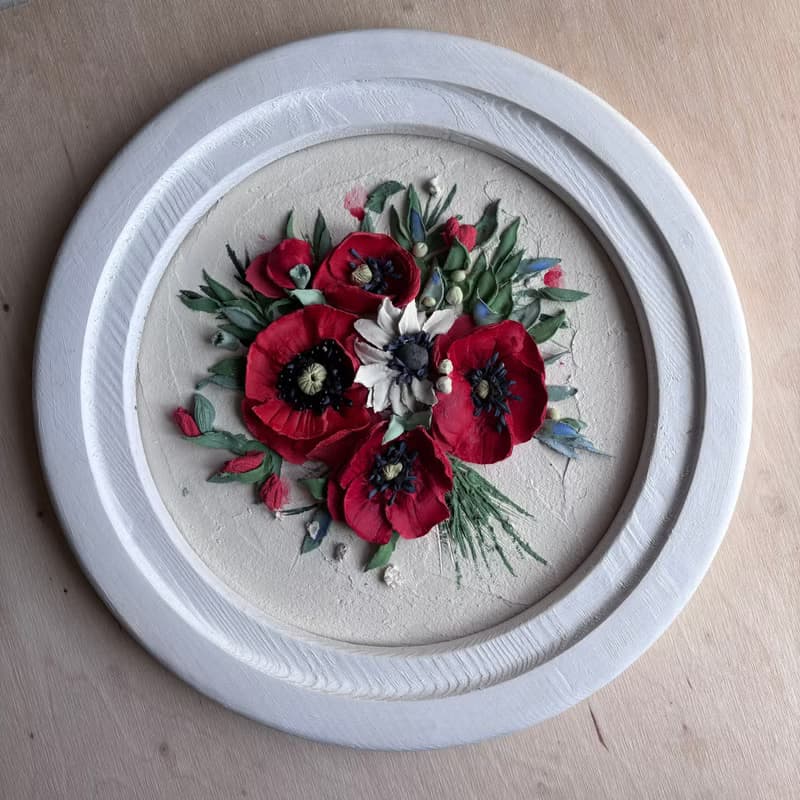 立體花藝 紅色罌粟花與白藍野花 手工雕塑畫 圓形木框藝術品
