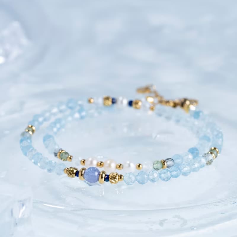 蔚藍 海藍寶 坦桑 珍珠 綠磷灰 黑髮晶 青金 月光 鈦鋼手鏈