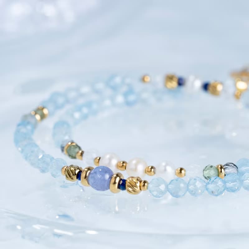 蔚藍 海藍寶 坦桑 珍珠 綠磷灰 黑髮晶 青金 月光 鈦鋼手鏈