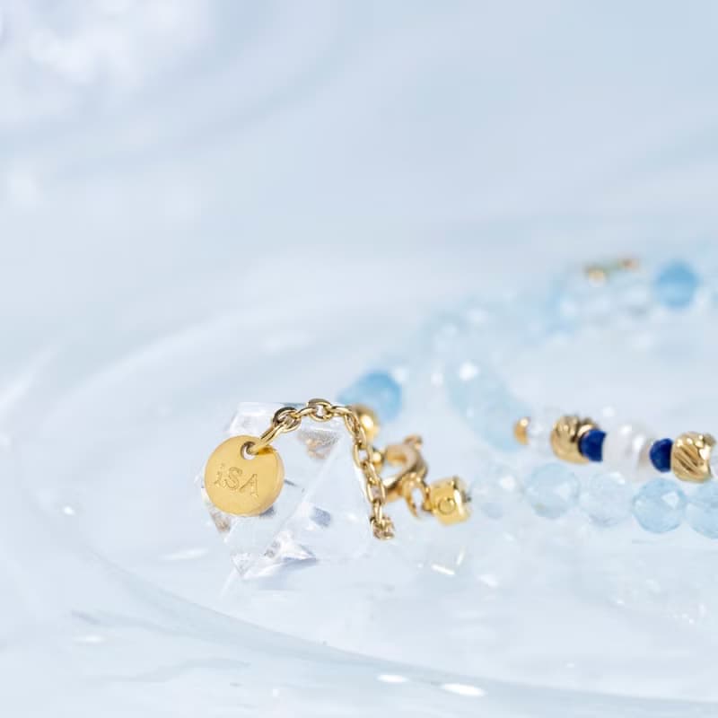 蔚藍 海藍寶 坦桑 珍珠 綠磷灰 黑髮晶 青金 月光 鈦鋼手鏈