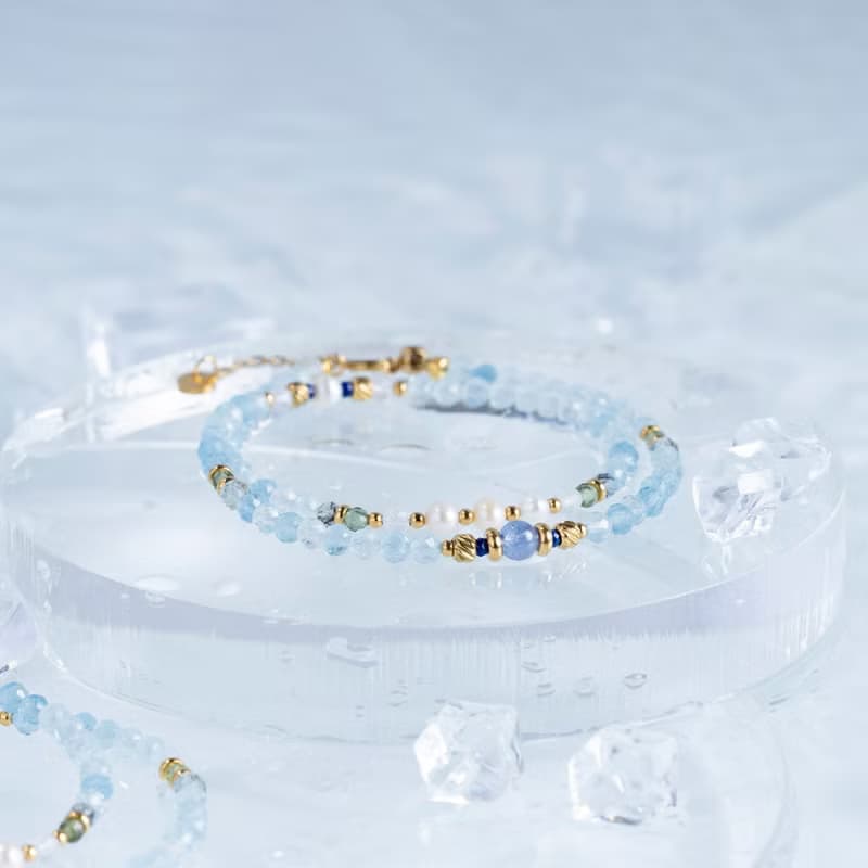 蔚藍 海藍寶 坦桑 珍珠 綠磷灰 黑髮晶 青金 月光 鈦鋼手鏈