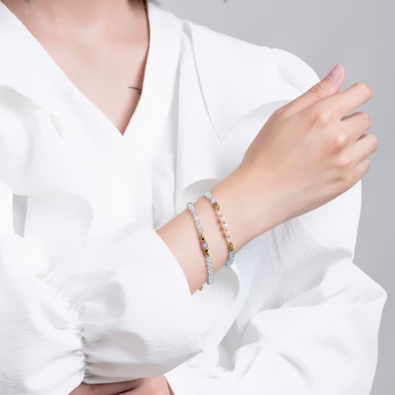 蔚藍 海藍寶 坦桑 珍珠 綠磷灰 黑髮晶 青金 月光 鈦鋼手鏈