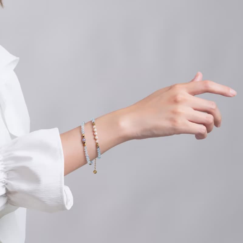 蔚藍 海藍寶 坦桑 珍珠 綠磷灰 黑髮晶 青金 月光 鈦鋼手鏈