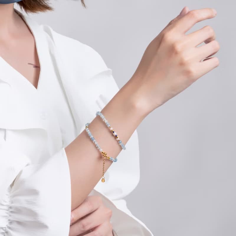 蔚藍 海藍寶 坦桑 珍珠 綠磷灰 黑髮晶 青金 月光 鈦鋼手鏈