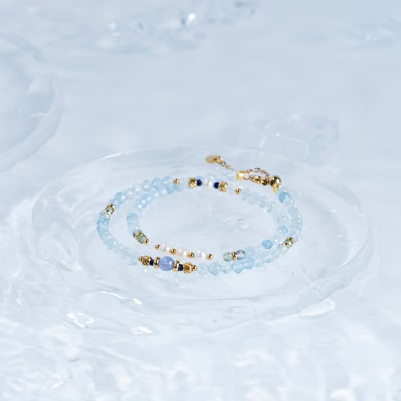 蔚藍 海藍寶 坦桑 珍珠 綠磷灰 黑髮晶 青金 月光 鈦鋼手鏈