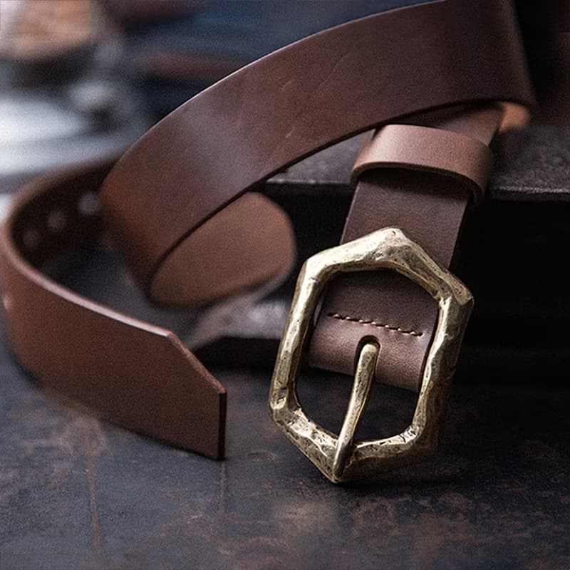 復古手工鍛打銅扣牛皮帶 真皮腰帶 窄版男牛仔褲帶【免費刻英文】