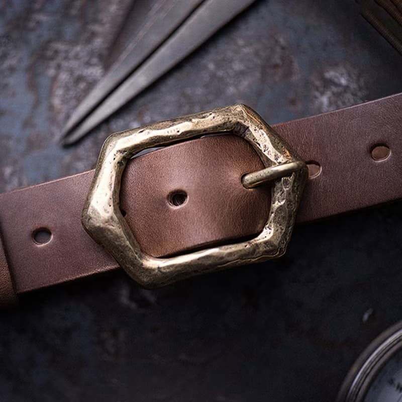 復古手工鍛打銅扣牛皮帶 真皮腰帶 窄版男牛仔褲帶【免費刻英文】