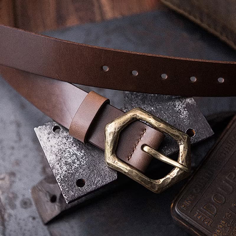 復古手工鍛打銅扣牛皮帶 真皮腰帶 窄版男牛仔褲帶【免費刻英文】