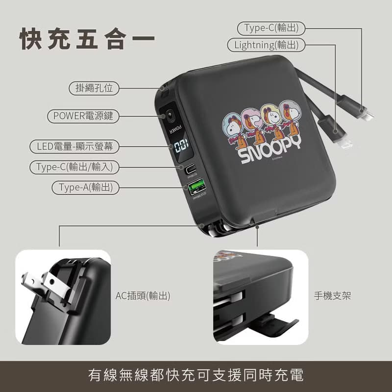 SNOOPY史努比 12000mAh 七合一雙線磁吸無線充行動電源