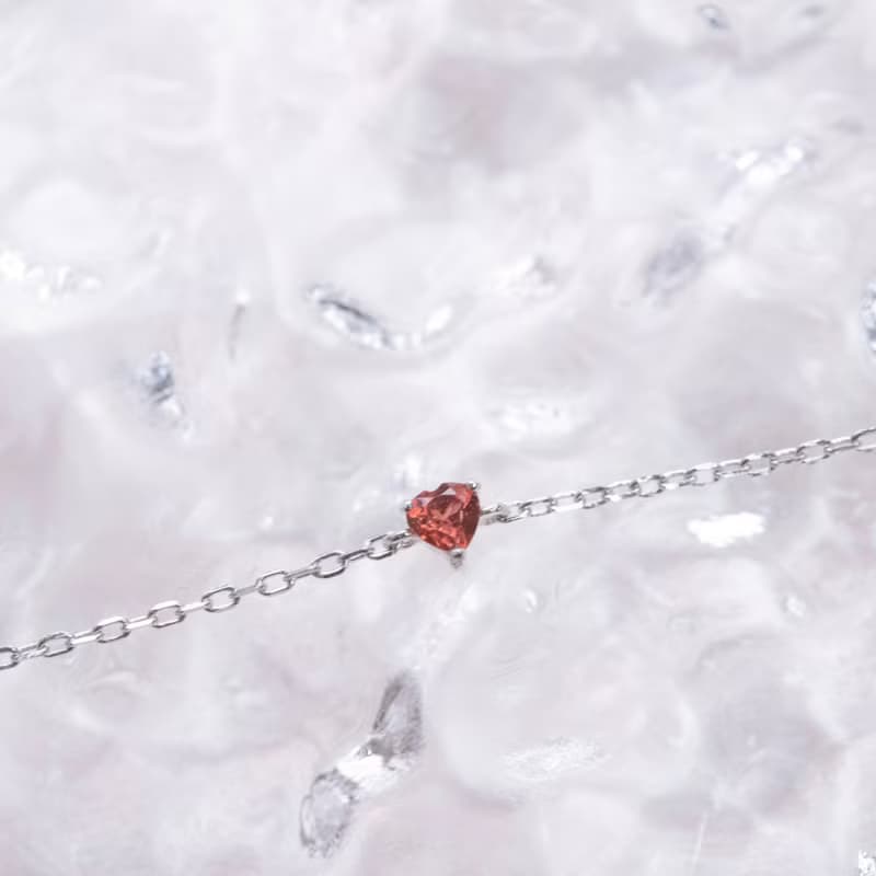 石榴石925純銀心形寶石爪鑲手鍊