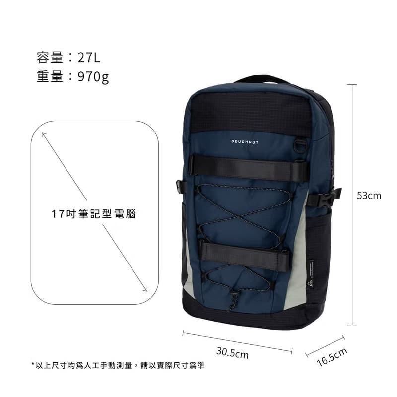 【DOUGHNUT】17吋 防潑水 大後背包 滑板包 水壺格 韓系-深藍 STC