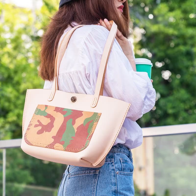 【切线派】手工真皮船型托特包手提包可肩背迷彩撞色 tote