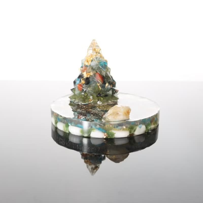 【快速出貨】綠色金箔水晶聖誕樹圓盤小夜燈能量樹黃水晶手機支架