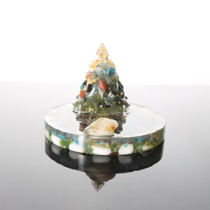 【快速出貨】綠色金箔水晶聖誕樹圓盤小夜燈能量樹黃水晶手機支架