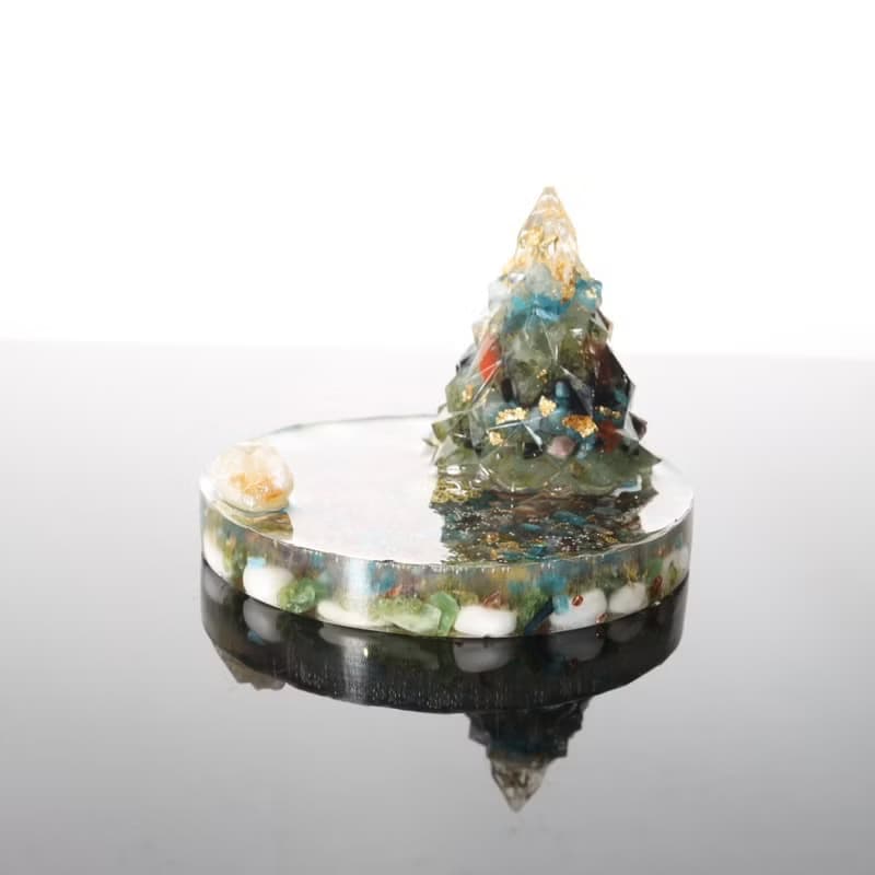 【快速出貨】綠色金箔水晶聖誕樹圓盤小夜燈能量樹黃水晶手機支架