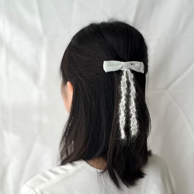 髮夾/淺綠蝴蝶結/搭配毛線絲帶 手作 髮飾