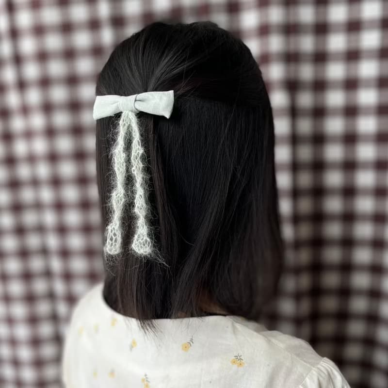 髮夾/淺綠蝴蝶結/搭配毛線絲帶 手作 髮飾