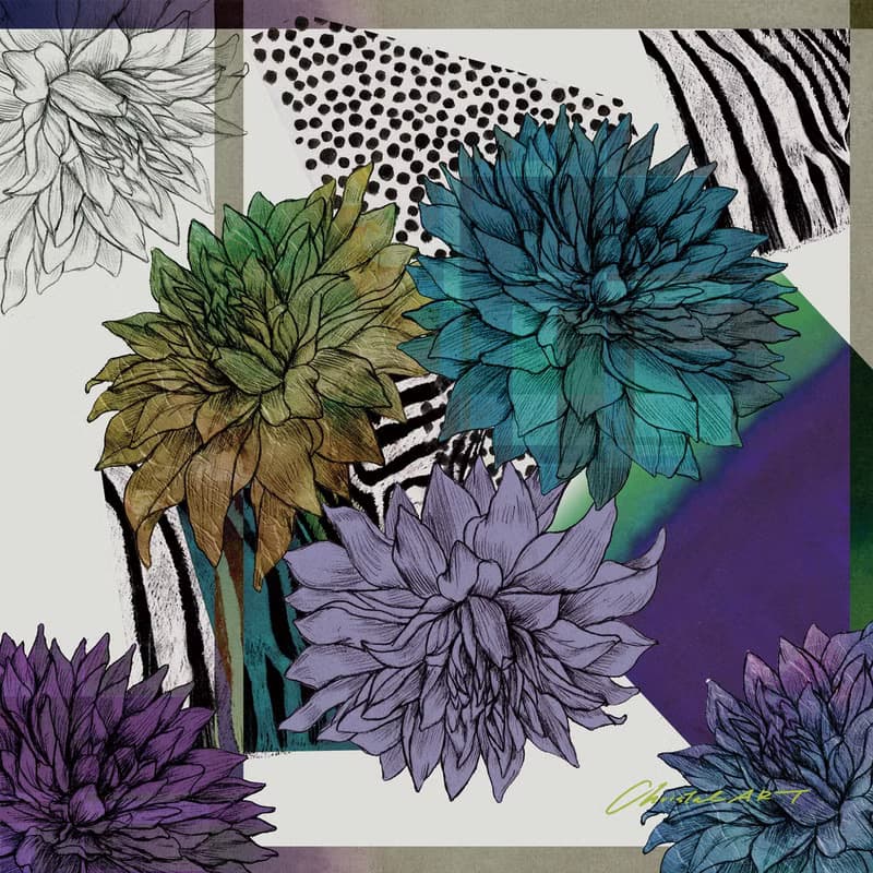 50cm角_silkscarf_ダリアの華 (blue) 柄のスカーフ　ChristalART