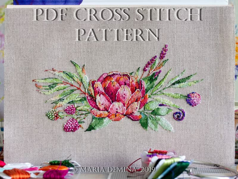 【數位】Raspberry & Artichoke Bouquet I - watercolor PDF cross stitch pattern