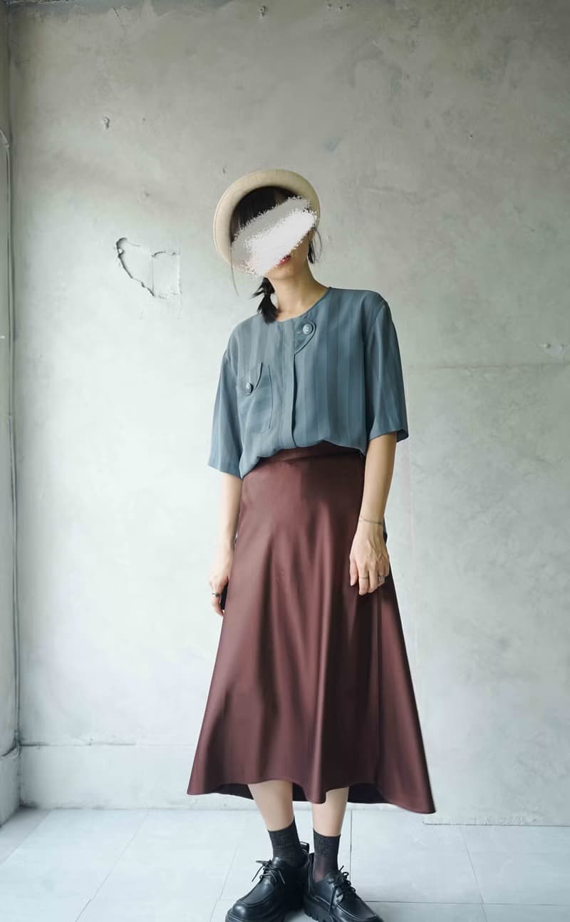 尋寶古著-濃情巧克力棕緞面光澤質感過膝裙