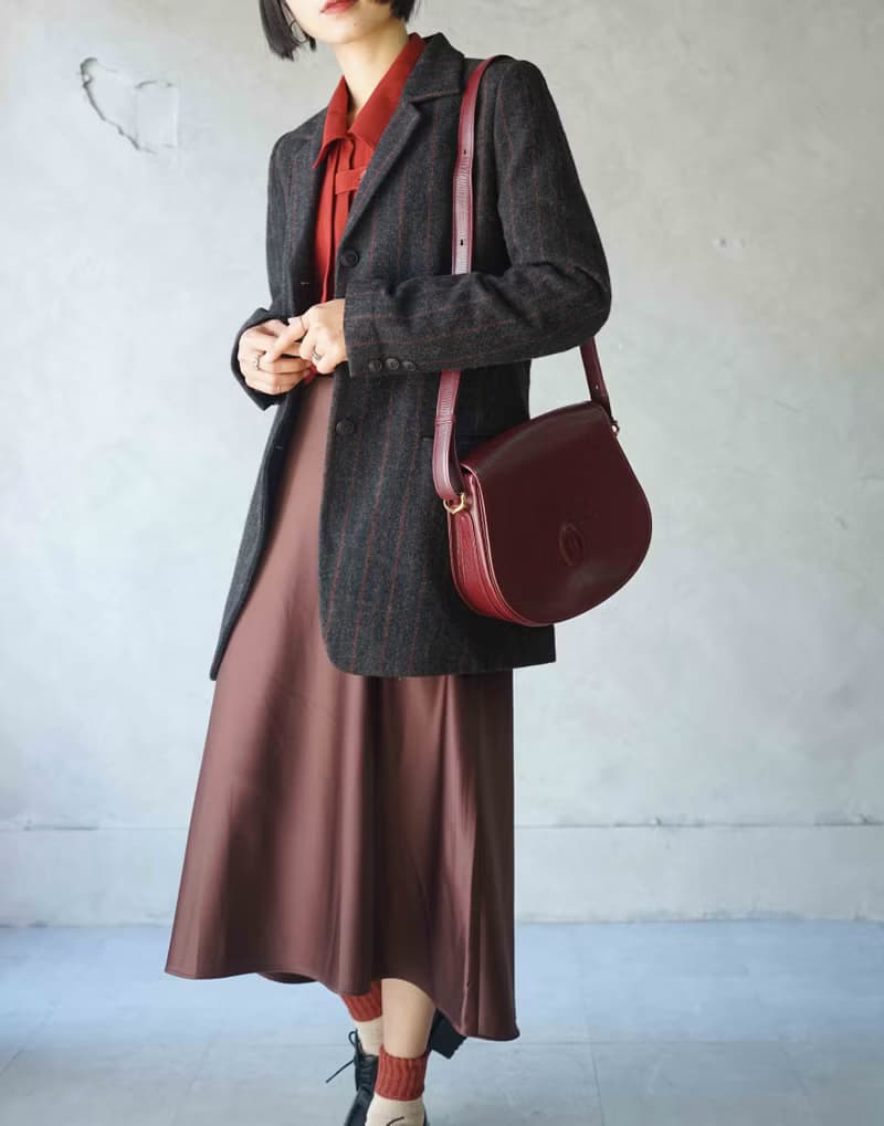 尋寶古著-濃情巧克力棕緞面光澤質感過膝裙