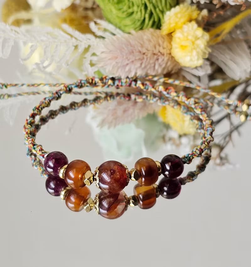 五色蠟線編織款-水晶手鍊款/紅膠花/紫牙烏紅石榴/紅瑪瑙/平安