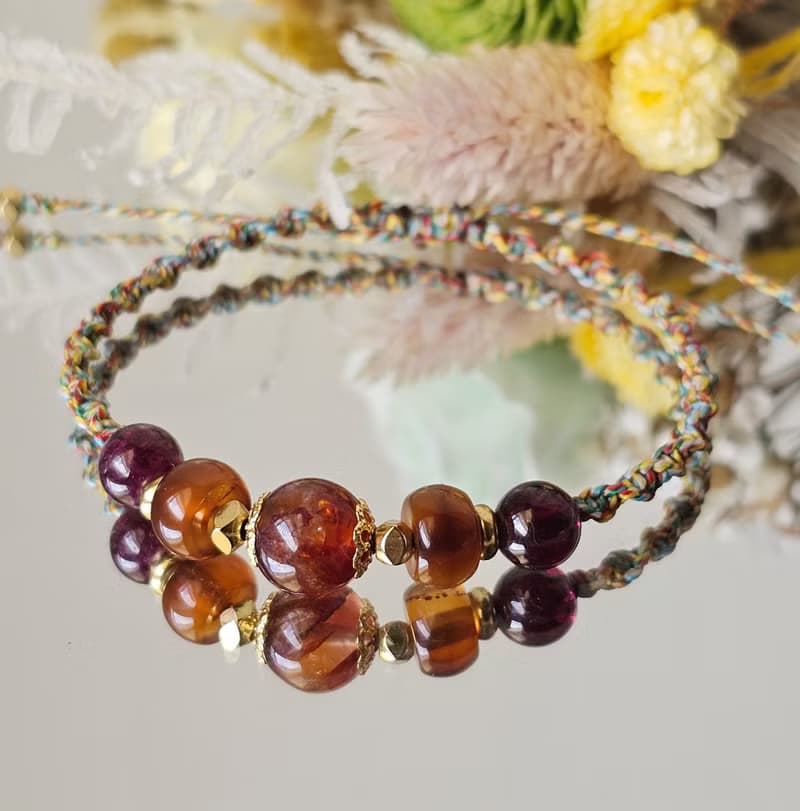 五色蠟線編織款-水晶手鍊款/紅膠花/紫牙烏紅石榴/紅瑪瑙/平安