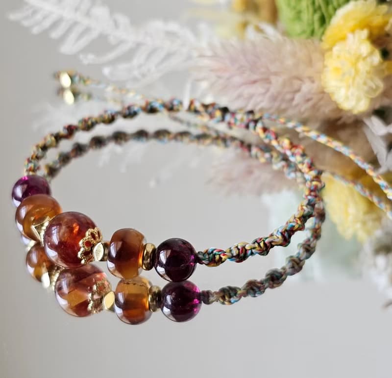 五色蠟線編織款-水晶手鍊款/紅膠花/紫牙烏紅石榴/紅瑪瑙/平安