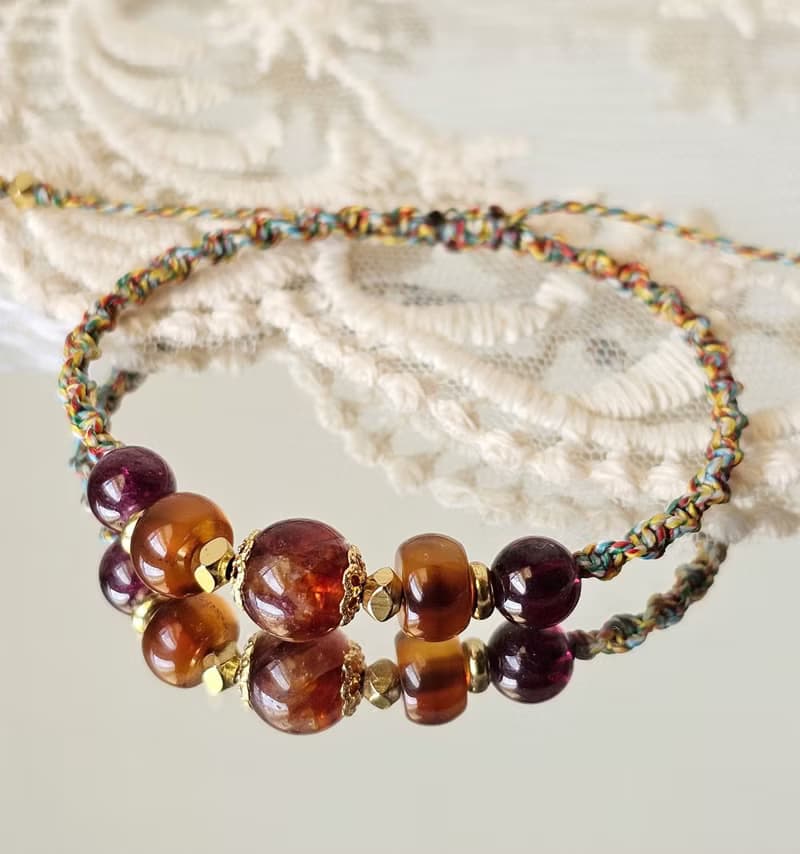 五色蠟線編織款-水晶手鍊款/紅膠花/紫牙烏紅石榴/紅瑪瑙/平安