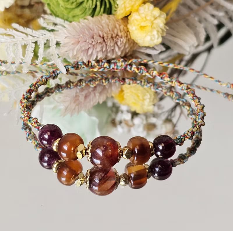 五色蠟線編織款-水晶手鍊款/紅膠花/紫牙烏紅石榴/紅瑪瑙/平安