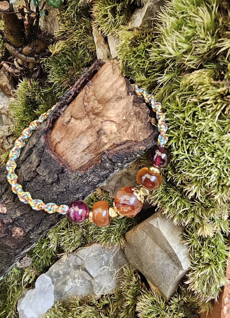 五色蠟線編織款-水晶手鍊款/紅膠花/紫牙烏紅石榴/紅瑪瑙/平安