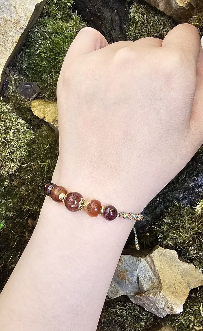 五色蠟線編織款-水晶手鍊款/紅膠花/紫牙烏紅石榴/紅瑪瑙/平安