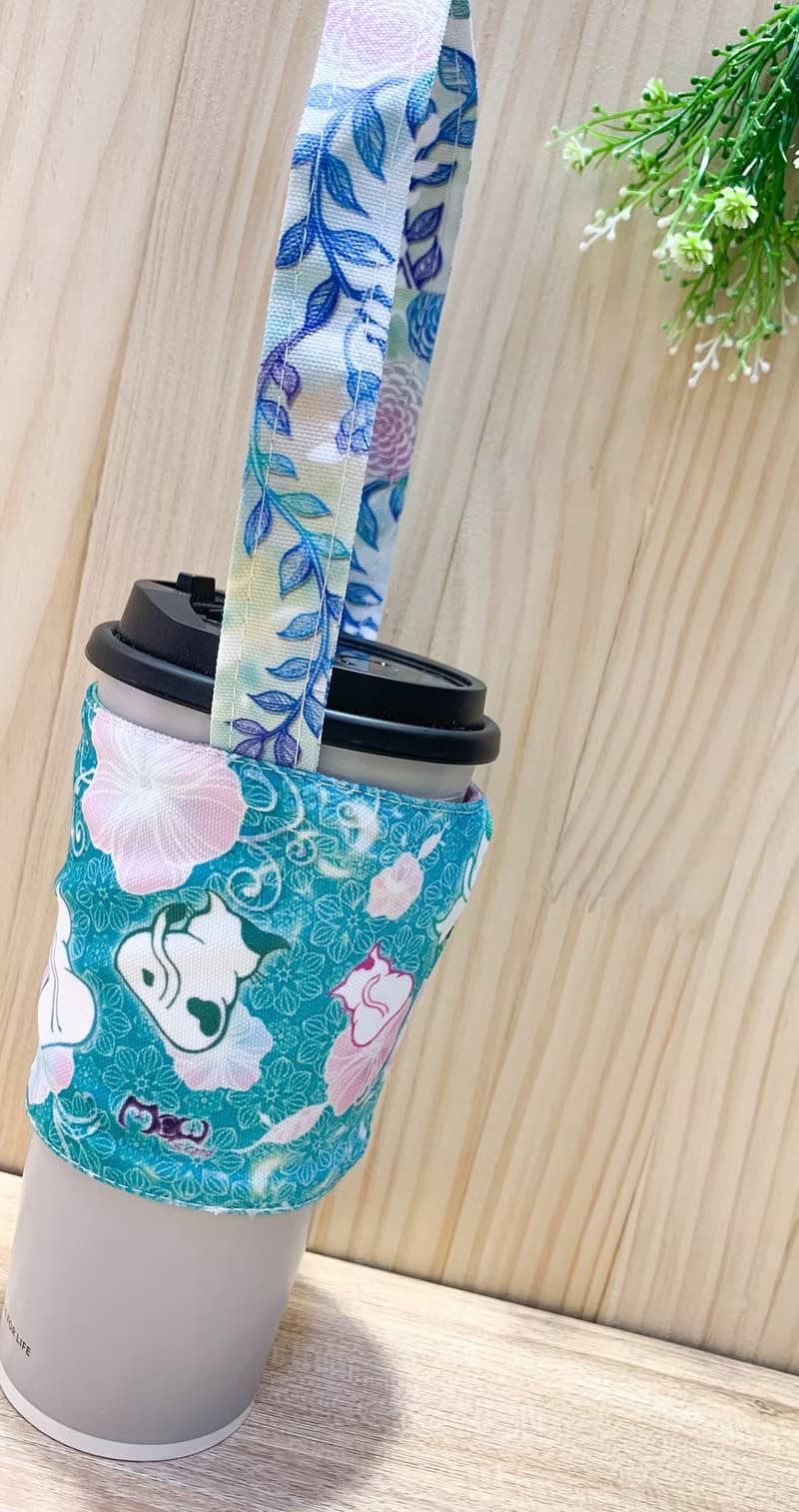 環保杯套 | 飲料提袋 | 雙面使用 - 粉綠色禮物貓