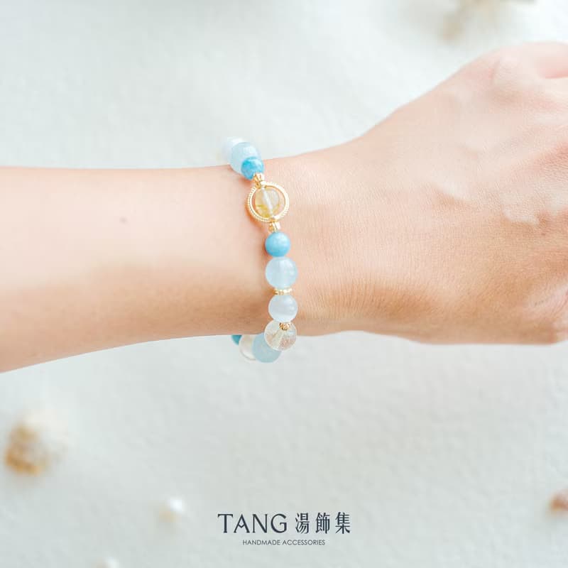 嶼浪之間。海藍寶 金髮晶 藍玉髓 14K金 手鍊。助人際/溝通/招財